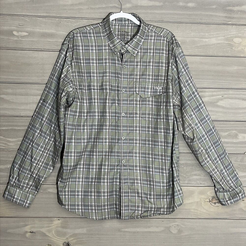 Huk Performance Fishing Shirt Mens L Green Plaid Outdoors Sportsman Gorpcore